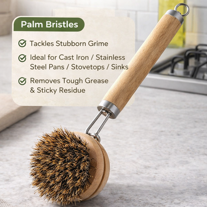 Gatemove® Replaceable Natural Dish Brush Set – 3 Bristle Types for All Cookware, Eco-Friendly Long Handle Cleaning Brush