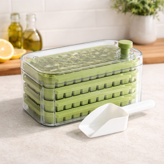 Gatemove®  FrostPres4-Layer Ice Cube Tray with Storage Bin, Scoop & One-Press Release System