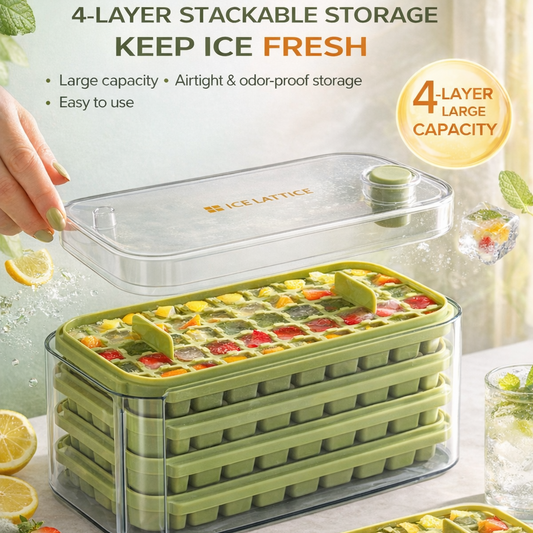 Gatemove®  FrostPres4-Layer Ice Cube Tray with Storage Bin, Scoop & One-Press Release System